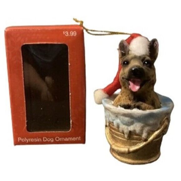 German Shepherd Christmas Ornament Santa Hat Polyresin Dog Gold Bucket Hanging - Picture 3 of 5